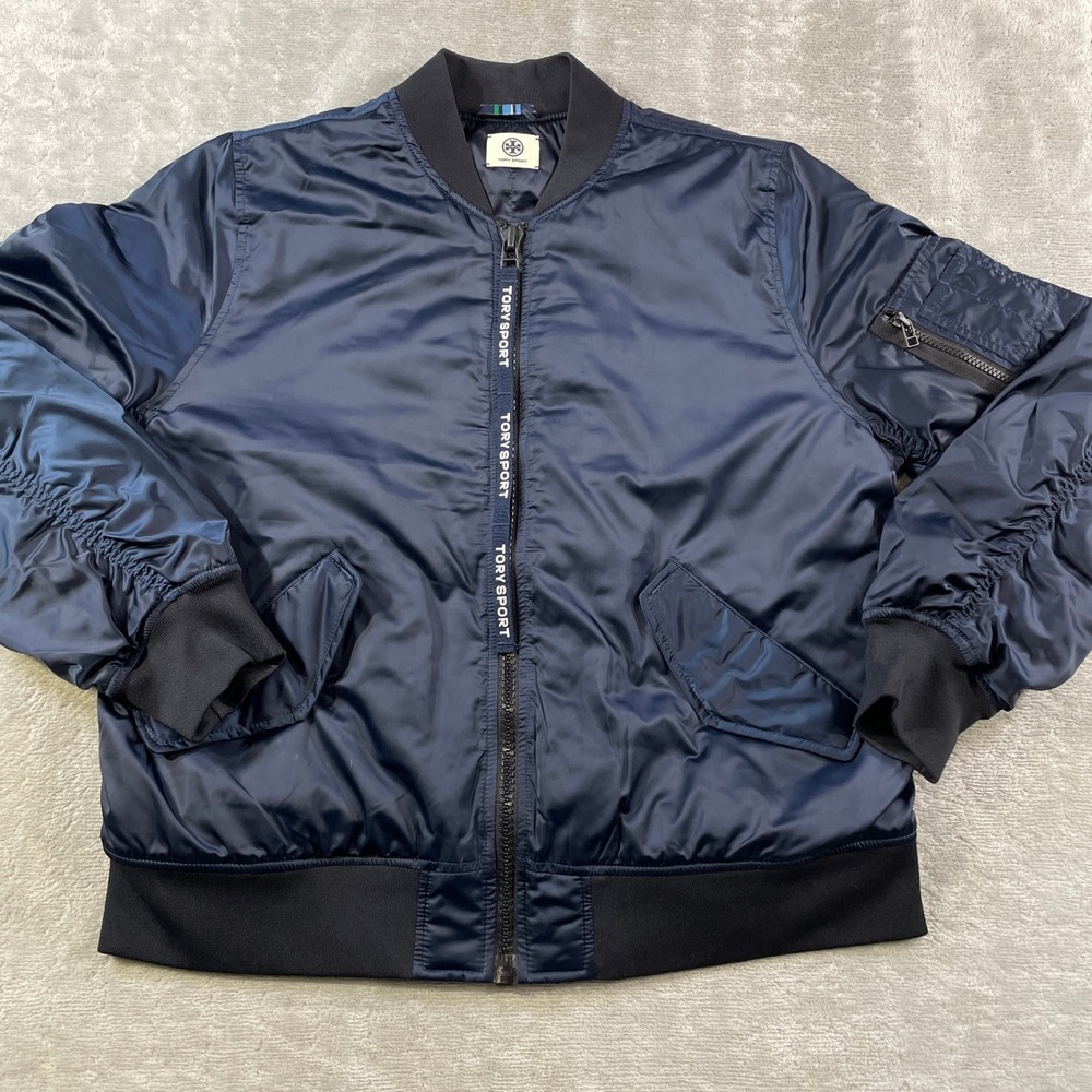 Tory Sport Bomber Jacket Womens Small Navy Blue Satin Tape Zip Flight Pockets‎